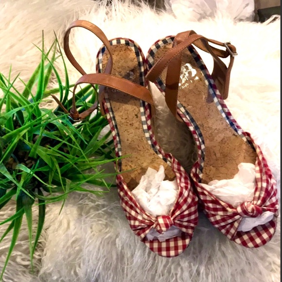 Gianni Bini Shoes - GIANNI BINI Red/Blue Checkered Ankle Wrap Wedges